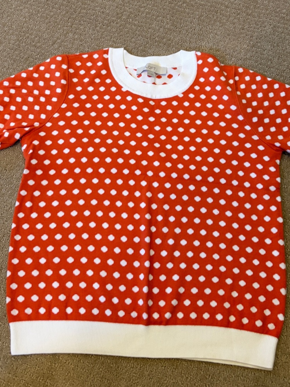 LOFT Orange and White Polka Dot Crewneck Sweater